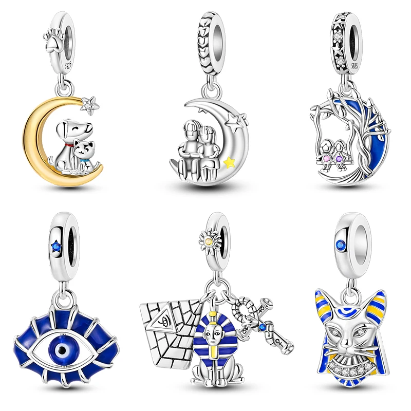 

100% 925 Sterling Silver Sphinx Face Eye Cat Moon Luminous Charms Beads Fit Pandora 925 Original Bracelets Fashion DIY Jewelry