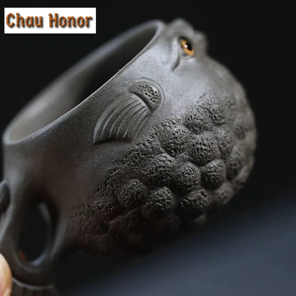 60ml Chinese Yixing Zisha Teacup Handamde Biomimetic Puffer Master Cup Raw Ore Green Grey Mud Purple Clay Tea Bowl Kung Fu Set