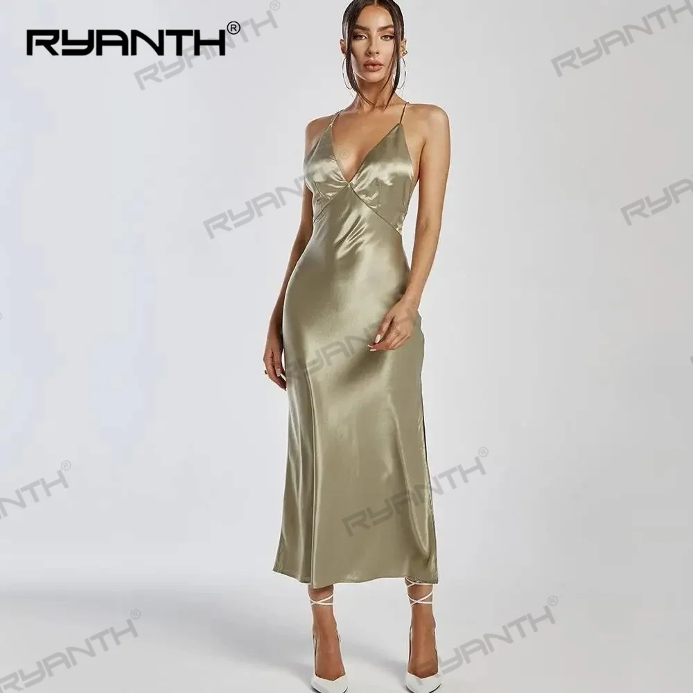 

Ryanth Simple V-Neck Satin Bridesmaid Dresses Side Split Tea-Length Backless Party Dresses For Women Sleeveless Vestidos De Gala