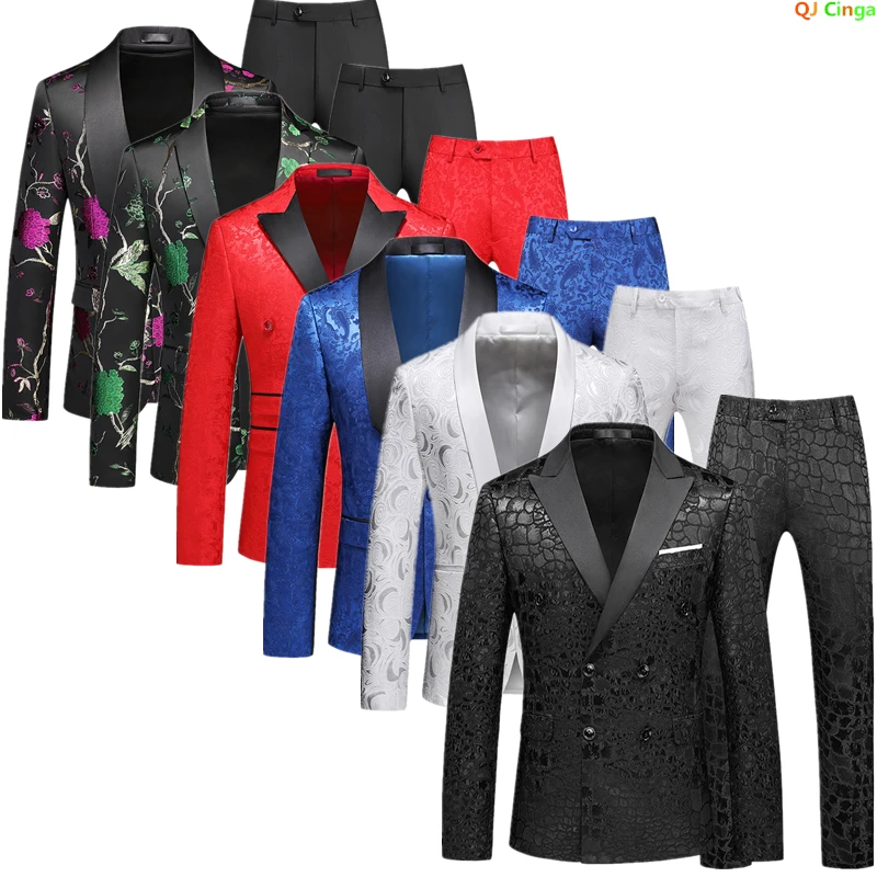 

6XL Jacquard Fabric Suit Two Piece Men's Wedding Party Dress Jacket with Trousers Red Blue White Slim Fit Blazer and Pants M-5XL