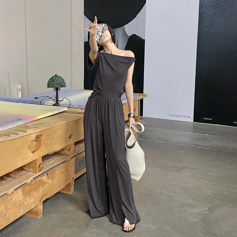 

Women's T-shirt Pants 2-piece Suit 2023 Summer New Boat-neck T Shirt Wide Leg Pants Loose Casual Drape Pants Kink Design Tops