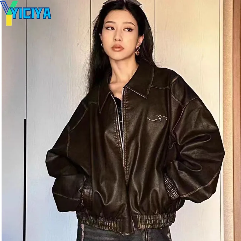 

YICIYA leather jacket brown High quality racing women coat bomber Korean fashion winter Jackets new outfits clothing streewear