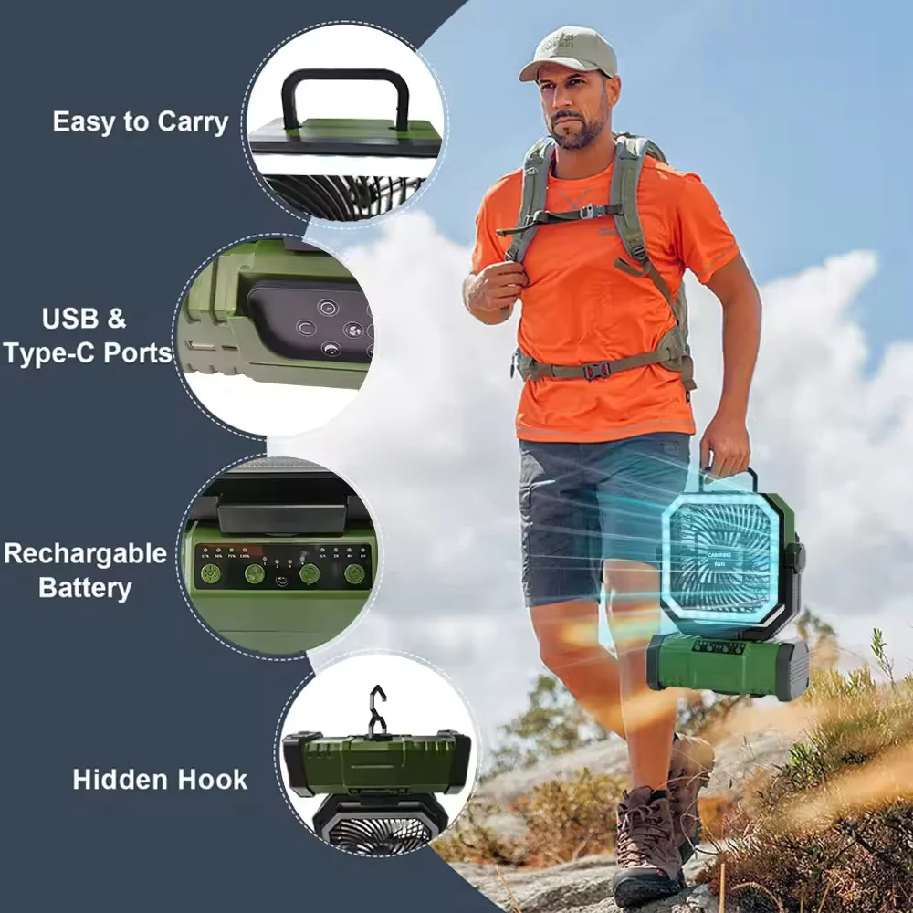 Outdoor Camping 20000mAh Rechargeable Fan With LED Lantern & Remote For Fishing Travel, 4 Speeds 8H Timer, Hanging Hook_voghion.com