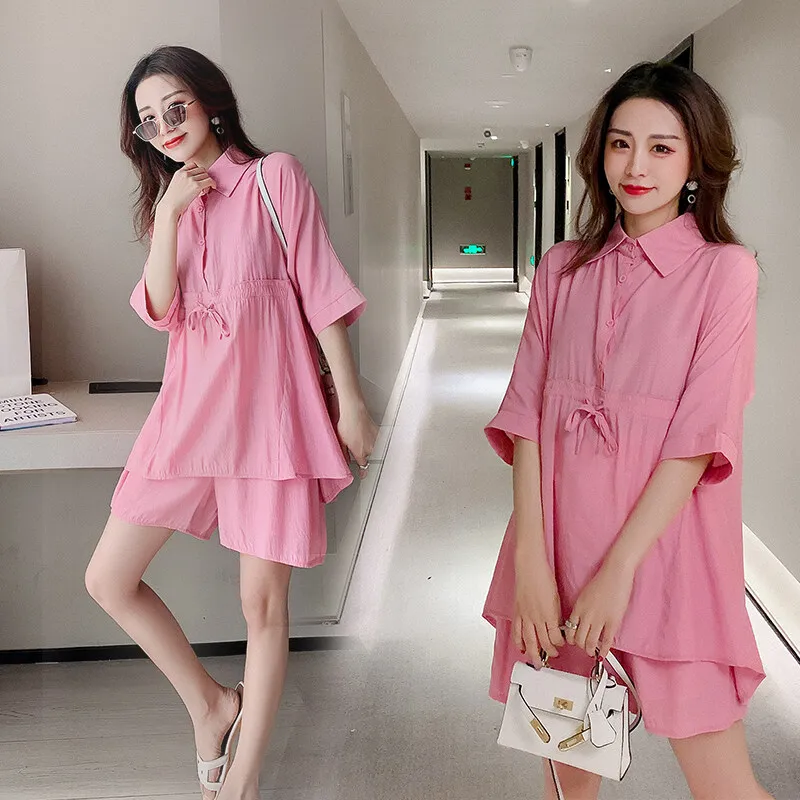 245# Turn Down Collar Blouse + Maternity Pants Two-piece Maternity Clothes Loose Stylish Short Sleevess Set