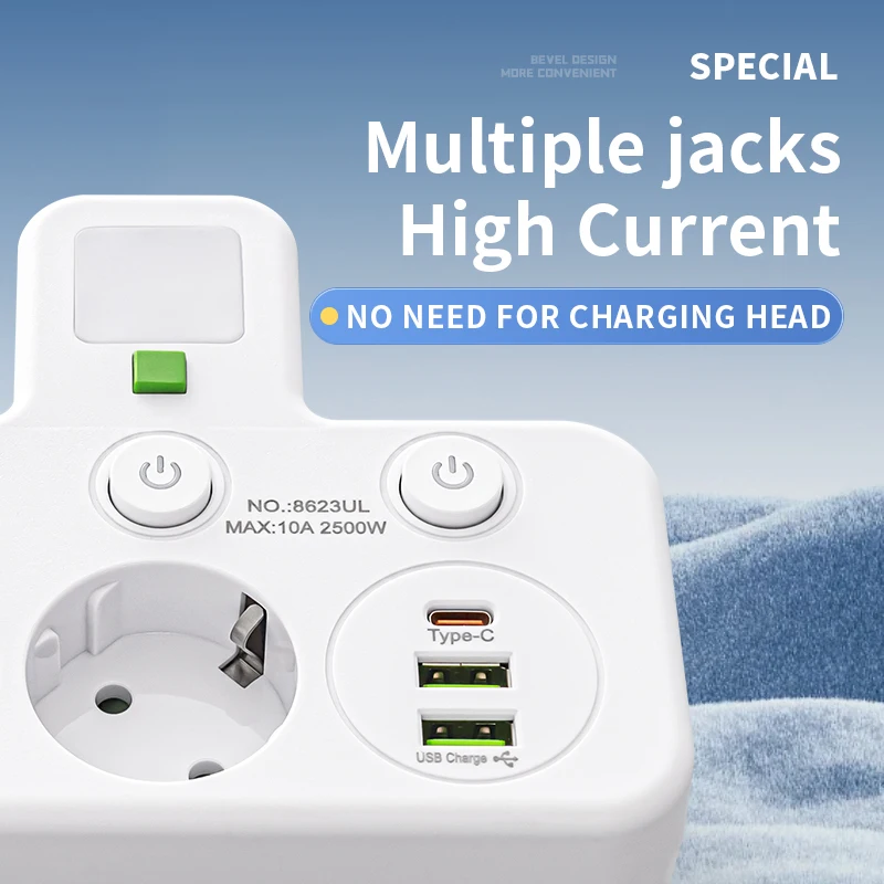 EU Plug Power Strip with 3 AC Outlets Two specifications with or without USB Type-C port Wall Charger for Home Office — view 5