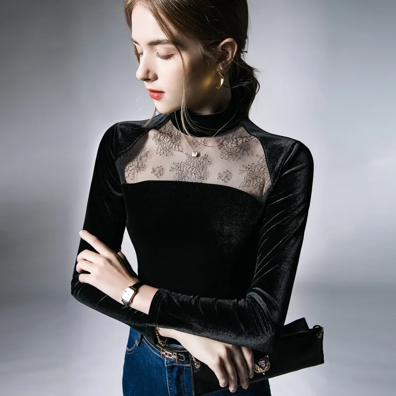 

High Quality 2024 Women Tops Gauze Velvet T-shirt Female Clothing Winter Autumn Sexy Crop Top Clothes Casual Splice Blouse Y2k