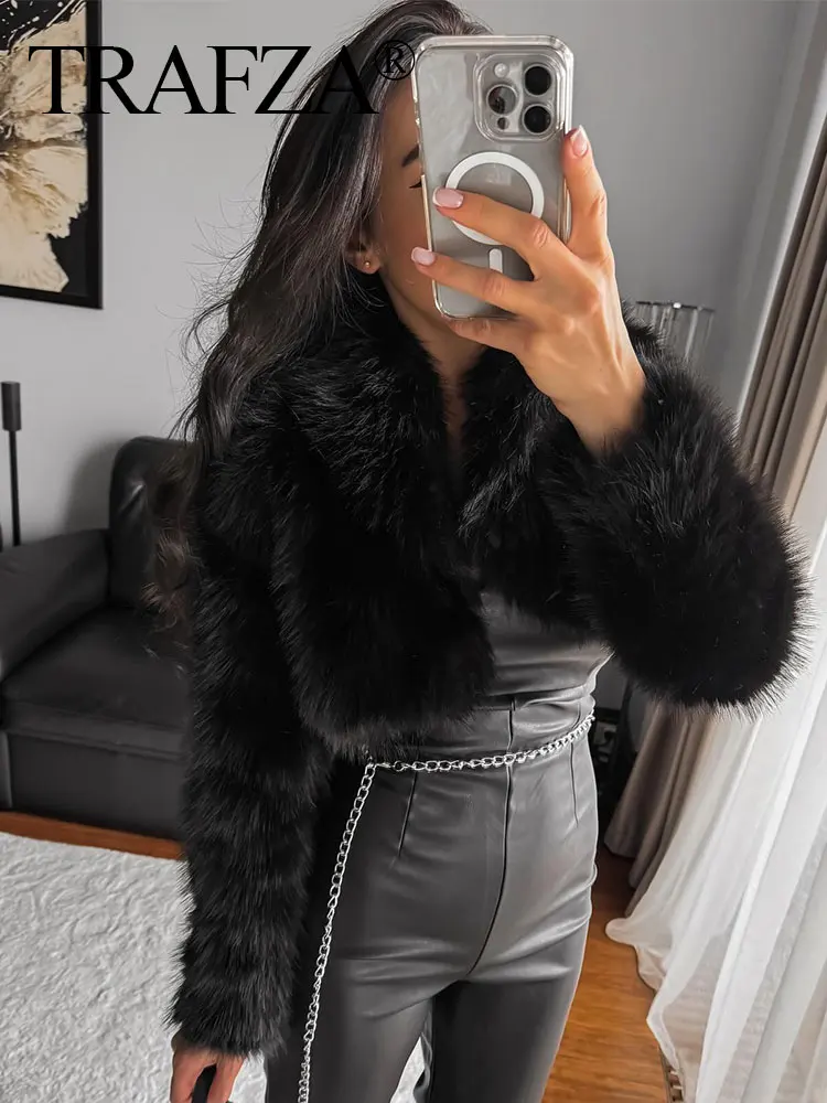 

TRAFZA Women Fashion Long Sleeve Lapel Faux Fur Coat Woman Elegant Black Loose Cardigan Jacket Luxury High Street Outerwear