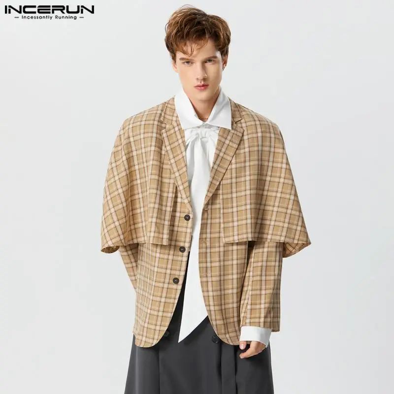 

INCERUN Men Plaid Blazer Lapel Long Sleeve Button Streetwear Casual Irregular Suits Men Autumn 2023 Loose Fashion Coats S-5XL