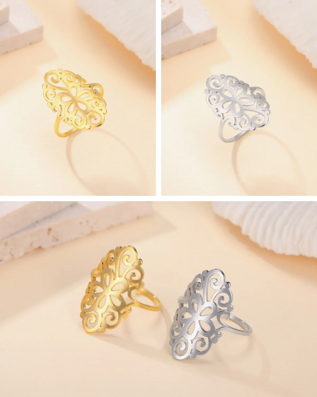 Kkjoy Fashion Edelstahl Goldfarben Skelett-Blumenringe für Frauen, breite Ringe, Schmuck, Weihnachtsgeschenk, Großhandel – Detail 2