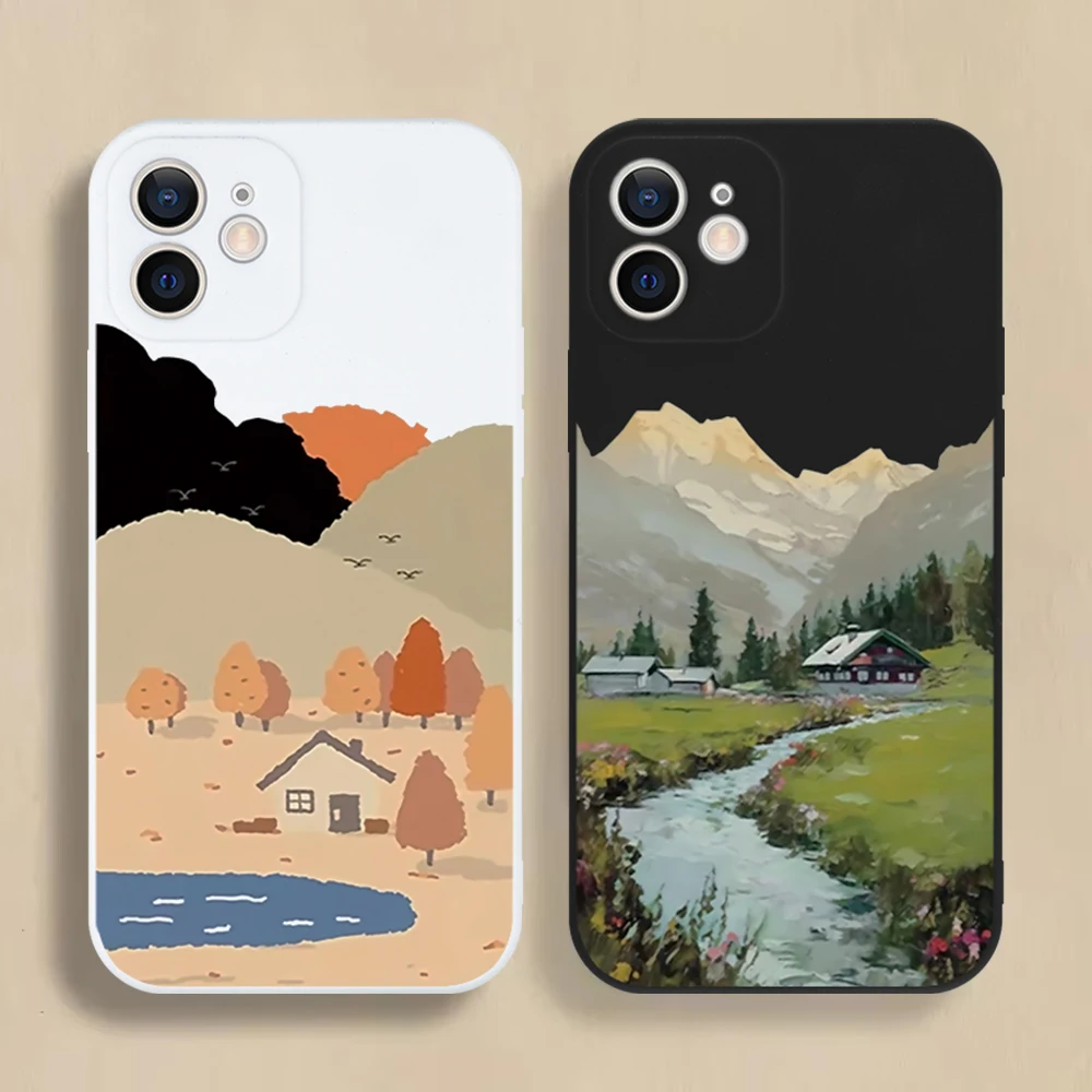 Ländliche Landschaft Muster Telefon Fall Für iPhone 16 15 14 13 12 11 Pro Max Mini X XS XR SE 7 8 Plus Nette Stoßfest Soft Cover Fundas