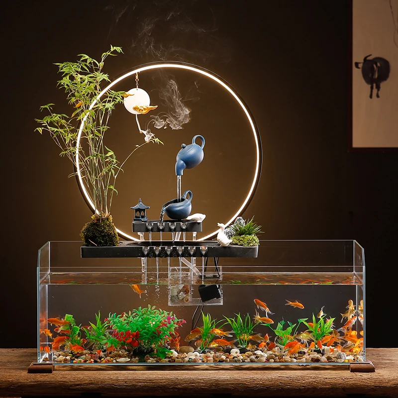 

Flowing Water Lucky Fish Globe Decoration Circular Glass Landscape Living Room Office Desk Surface Panel Small