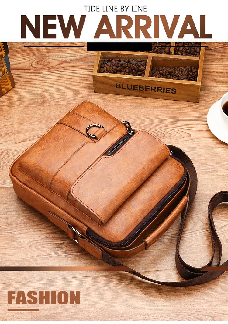 Men Shoulder Bag PU Waterproof Retro Business Fashion Handsome Multi Layered Divided Crossbody Large Capacity Handbags