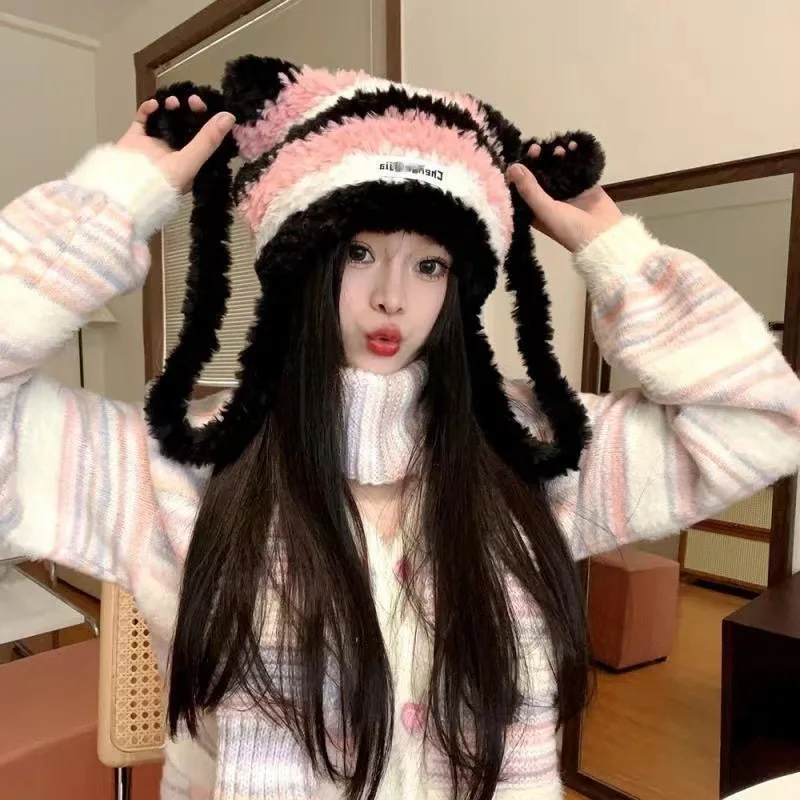 Outdoor Travel Camping Skiing Hiking Caps with Double Pom-Poms Women Cute Cat Ears Striped Woolen Hat for Dual Uses: Hat & Bag