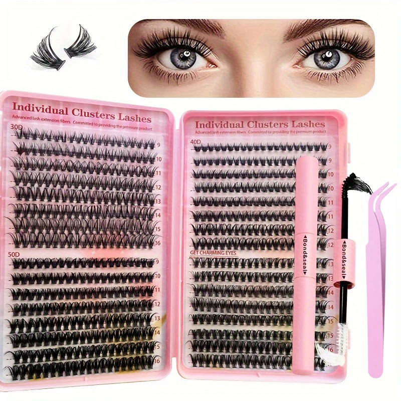 Eyelash Extension Kit 640Pcs 304050D Lash Clusters D Curl 9-16mm Individual Lashes With Bond and Seal Tweezers and Brush lash extension kit fake eyelashes eyelash set