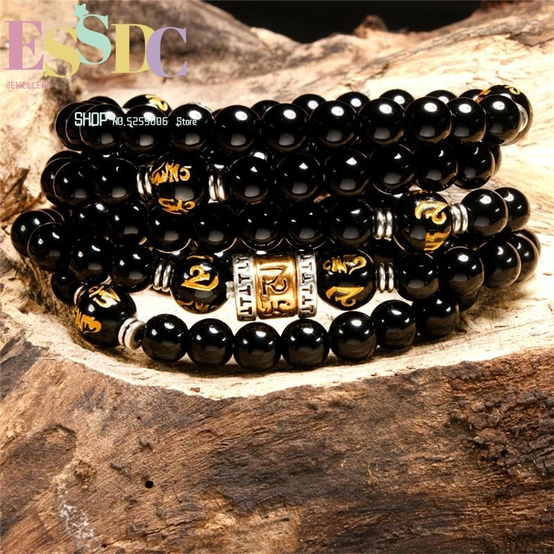 New Style 8mm Natural Black Obsidian Beads 108 Mala Buddhist Golden Barrel Charm Men and Women Prayer Strand Bracelet Wholesale