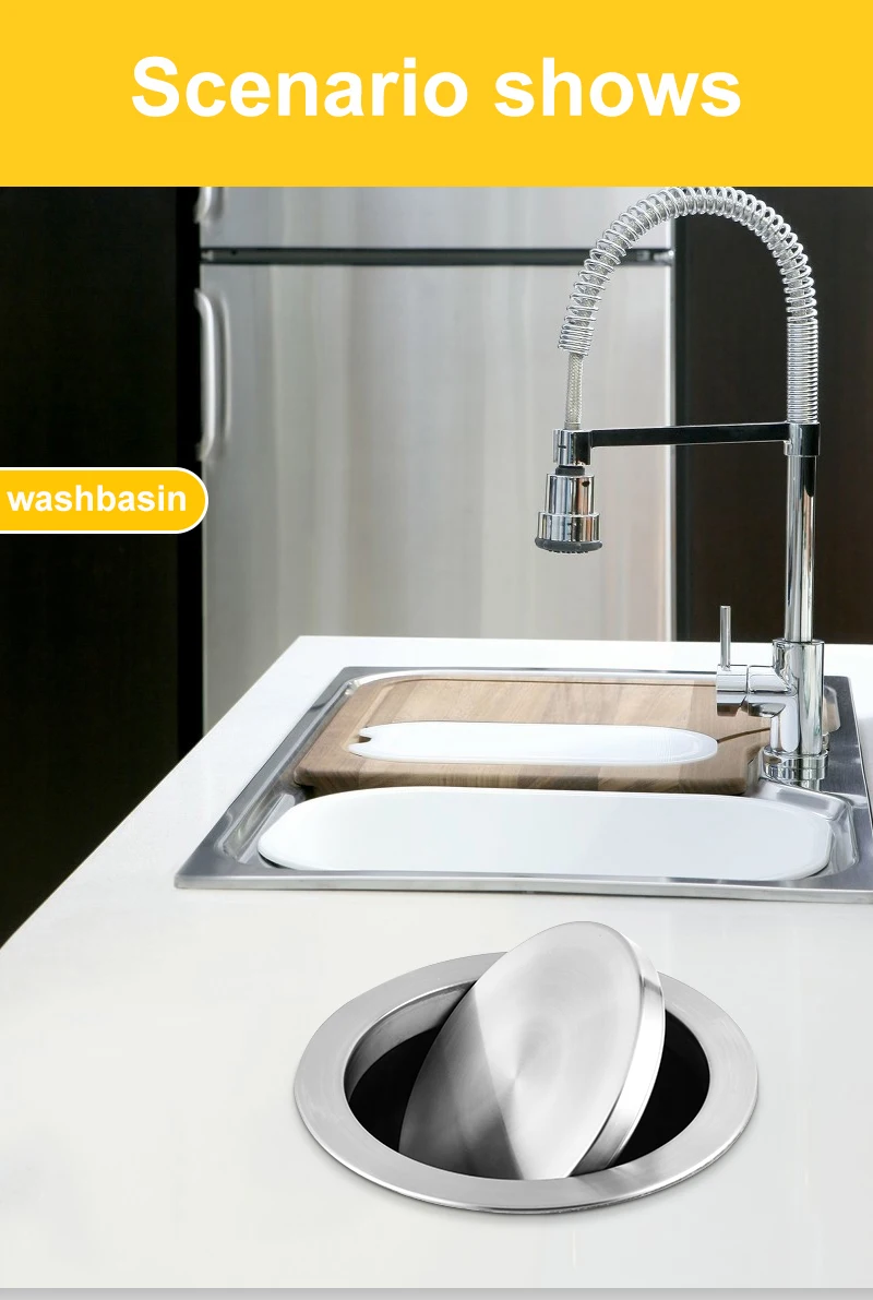 Round Stainless Steel Flap Flush Recessed Built-in Balance Swing Flap Lid Cover Trash Bin Garbage Can Kitchen Counter Top 5