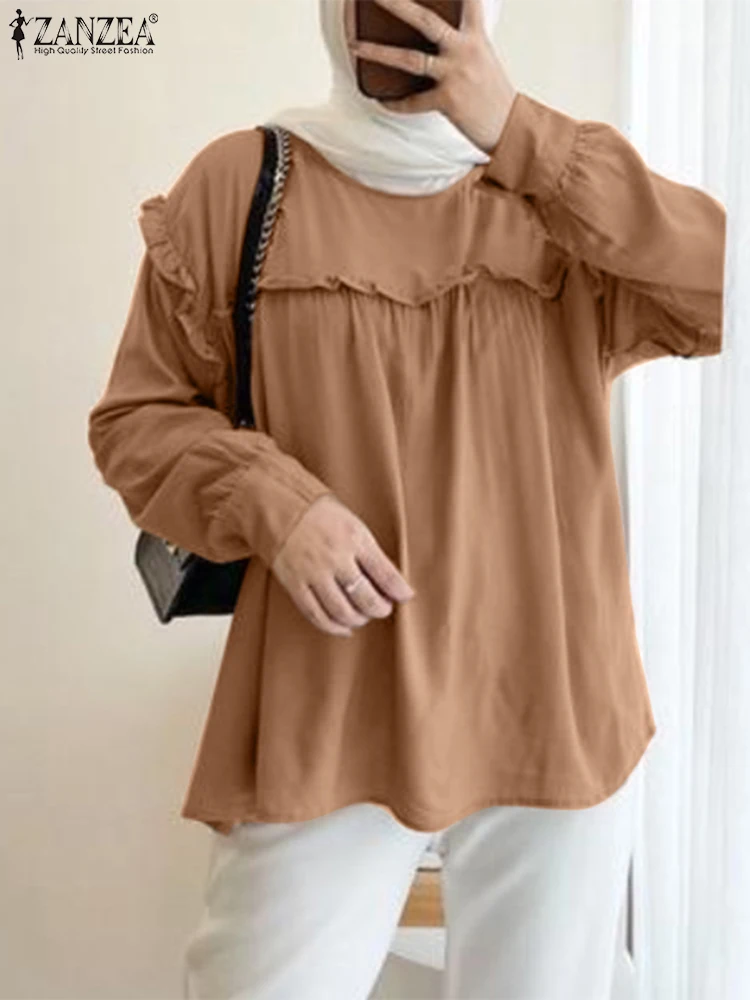 

Summer Vintage Ramadan Muslim Shirt Elegant Solid Casual Tops Turkey Abaya Blusas 2023 ZANZEA Women Long Sleeve Ruffles Blouse