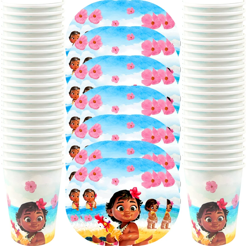 

60pcs/lot Flower Moana Theme Tableware Set Happy Birthday Events Party Paper Plates Cups Baby Shower Decorations Dishes