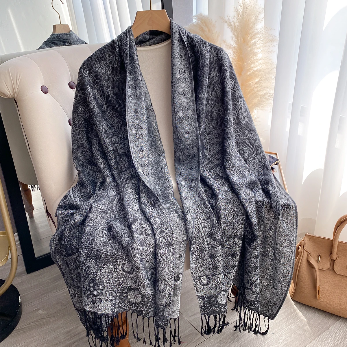 Winter Women's Faux Cashmere Plaid Scarf - Thick Tasseled Printed Pashmina Shawl Wrap, Cozy Neckerchief & Bandana