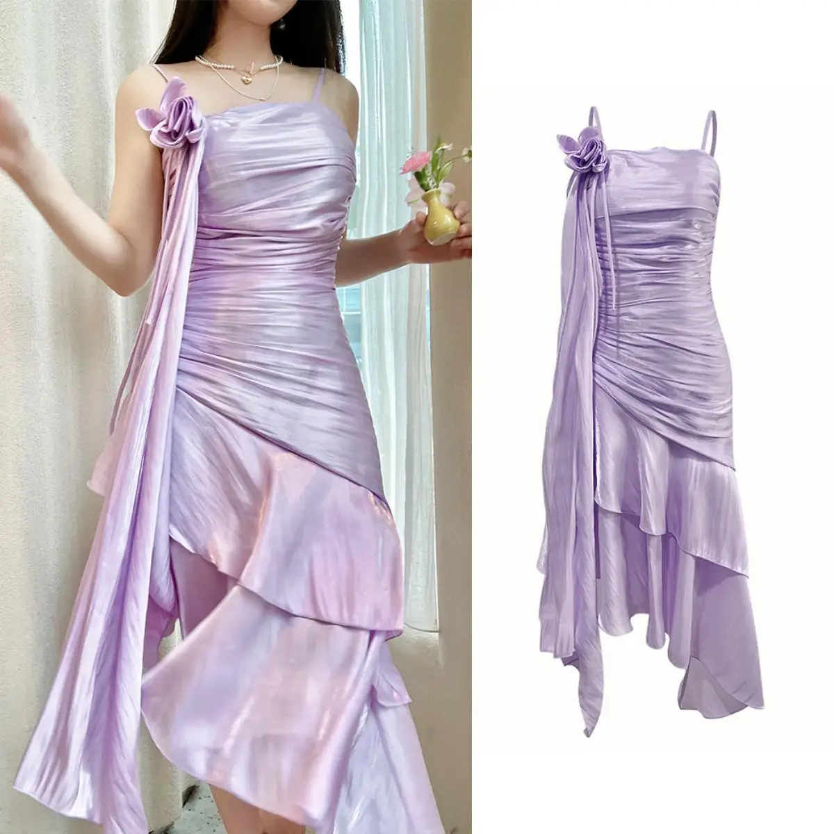 

14588#IENA Elegant Mauve Prom Party Gowns Retro Waist Strap Three-dimensional Flowers Irregular Ruffle Stitching Evening Dress