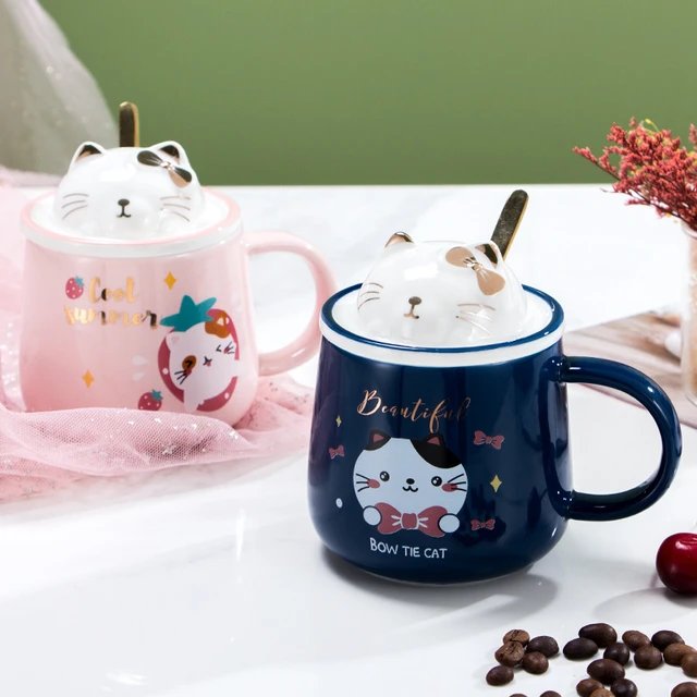 Cartoon Ceramic Tumbler Water Glass Cup Cat Coffee Cups Set Spoon Cover Mug  Animal Mugs Cute Milk Shot Glasses Gift Reusable - AliExpress