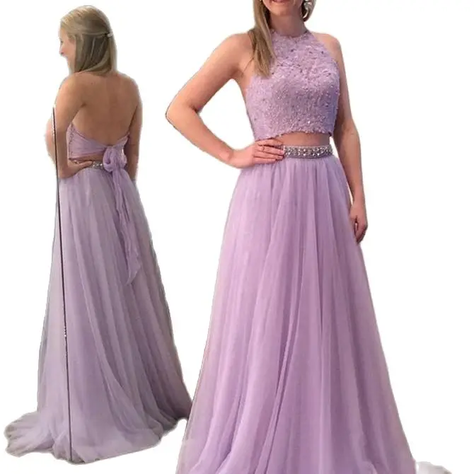 

Excellent Lanvendar Halter Sash Empire Two Pieces Sweep Train Sexy robe demoiselle d'honneur bridesmaid dresses