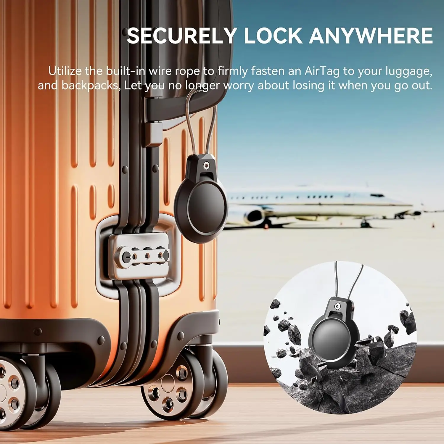 Waterproof Airtag Holder with Wire Cable and Keychain for Luggage and Backpacks