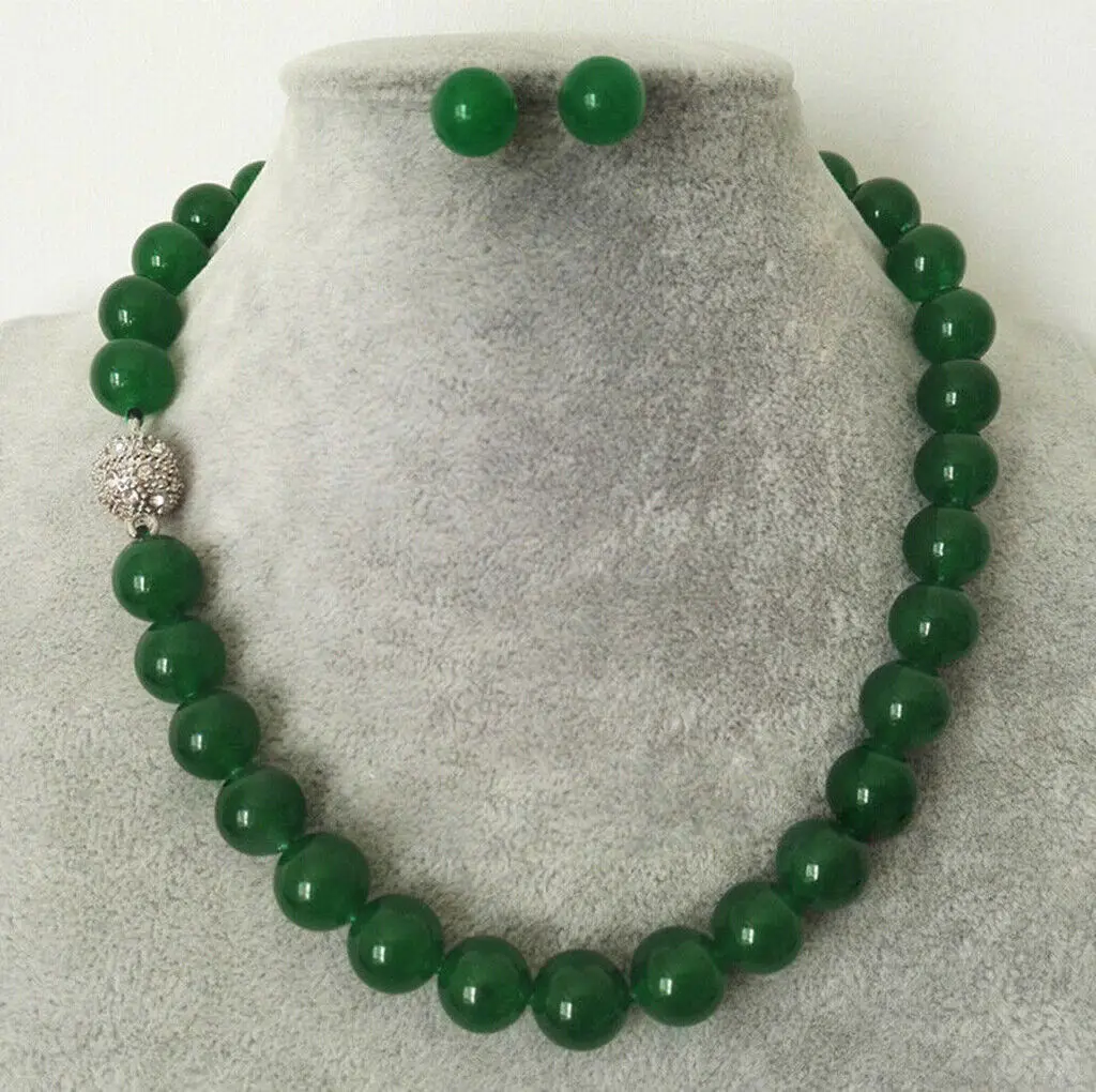Fashion 10mm Natural Green Jade Round Gemstone Beads Necklace silver Earring Set