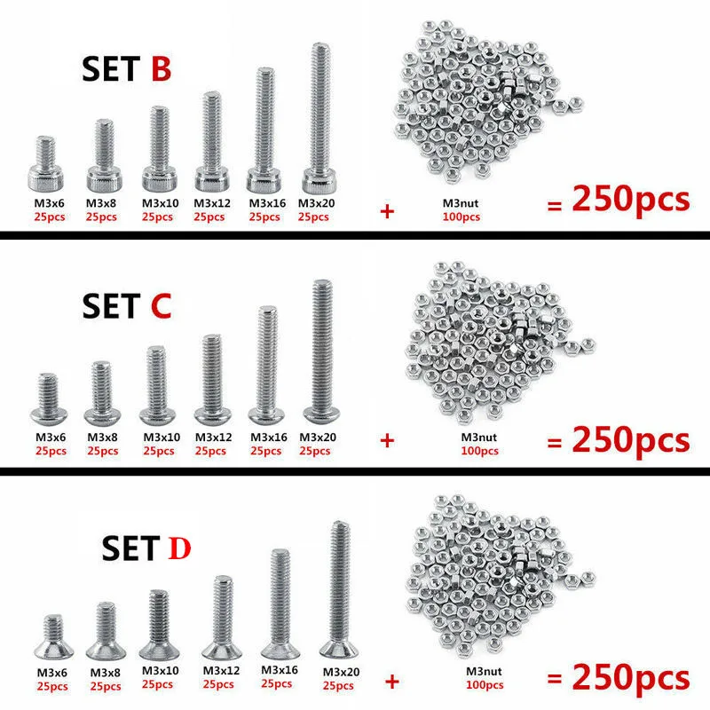 Practical M3 A2 Stainles Steel Allen Bolts With Hex Nuts Screws Assortment 250 pcs stainless steel screws screw bolt nut set hex nuts assortment kit