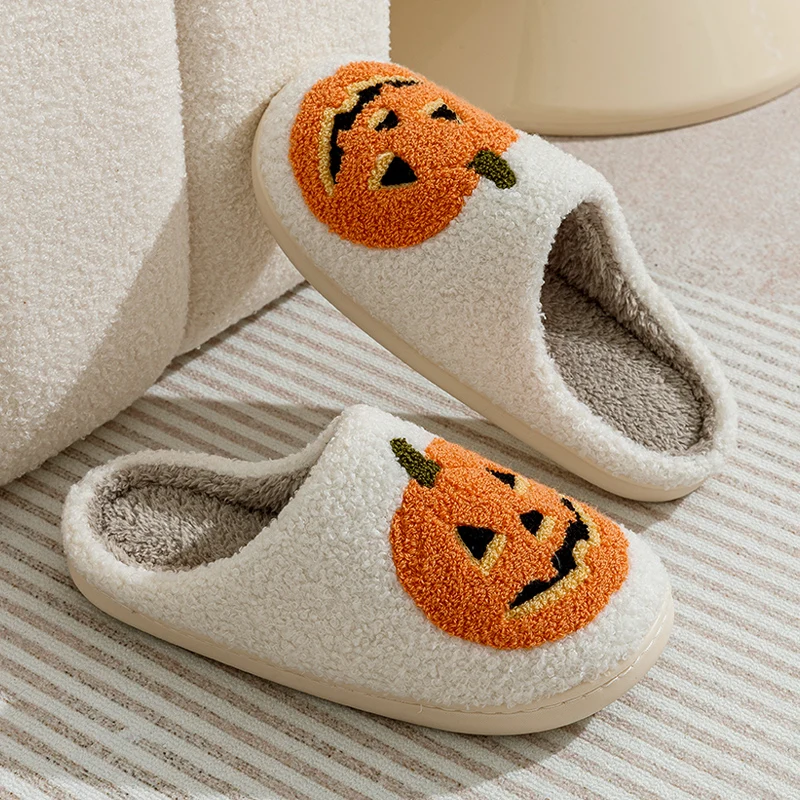 Smile Pumpkin Halloween Women's Slippers Winter Indoor Cartoon Comfort Home Bedroom Soft Causal Flat Plush Shoes for Gift 6