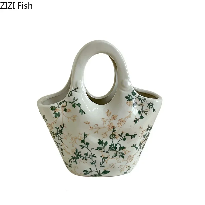 Flower Texture Ceramic Vase Handbag Shaped Flower Pots Desk Decoration Flower Arrangement Floral Vases Room Aesthetic Decor 6
