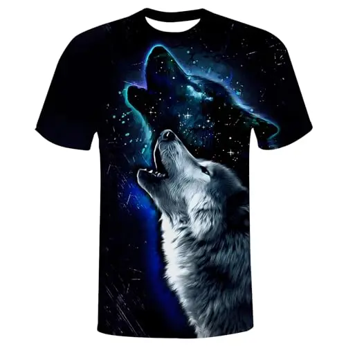 Hehanus Men's Wolf Graphic T-Shirt - 3D Print Casual Tee, Black, Medium