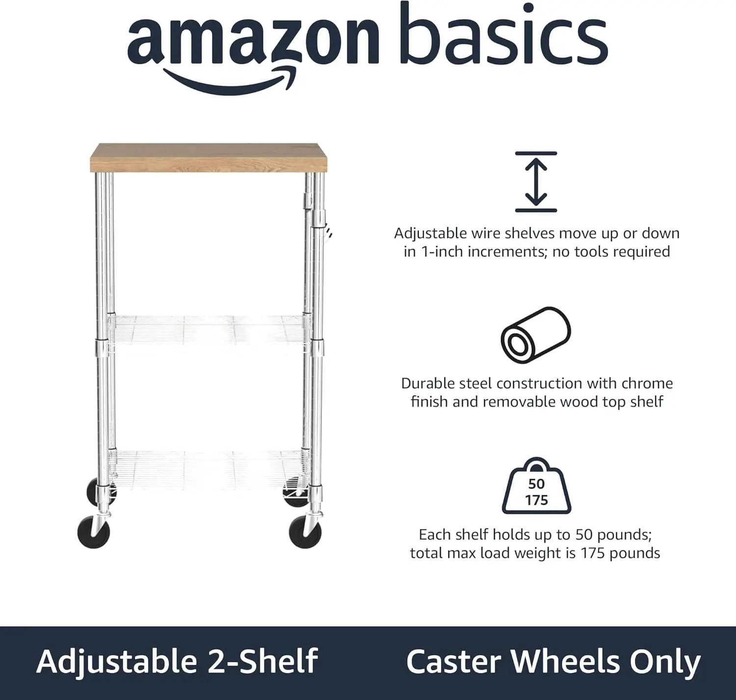Amazon Basics Portable Kitchen 3-Tier Storage Rack on Caster Wheels with Adjustable 2 Shelves, 175 Pound Capacity, 21 x 15 x 36. 2