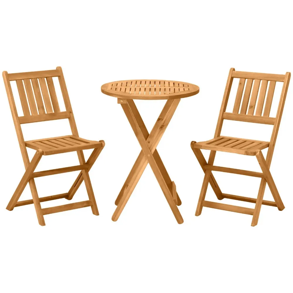 3 Piece Folding Acacia Wood Outdoor Patio Bistro Table and Chair Set 3