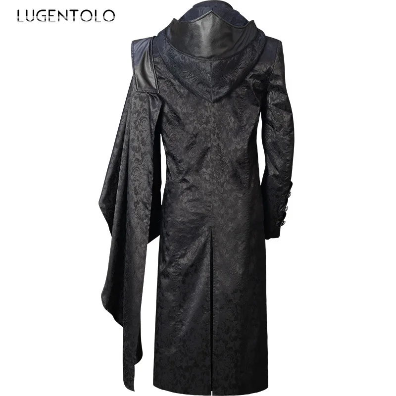 Men Medieval Gothic Long Jacket Punk Military Cloak Cape Coat Hooded Retro Costume Party Zipper Stand Collar Trench Black Cloth