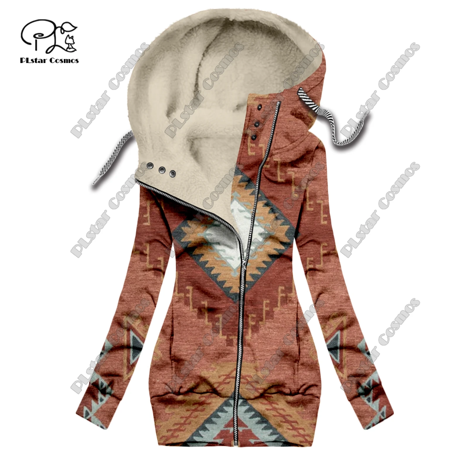 New 3D printing retro series carpet print pattern plus velvet warm women's long zipper hoodie jacket commuting casual winter F-8