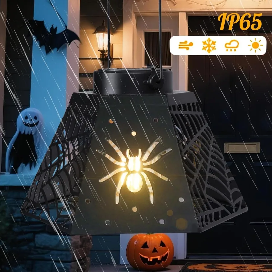 2 Pack Halloween Solar Lantern with Spider Web Design Outdoor Hanging LED Light for Yard Patio Garden Waterproof Metal Decorati