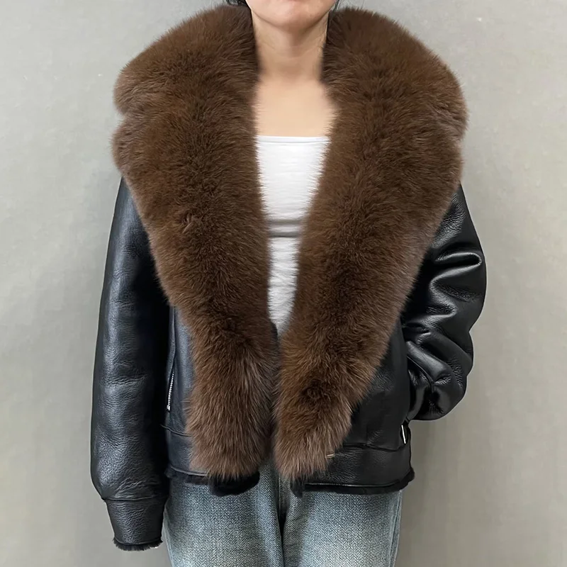Winter Luxury Fashion Genuine Leather Jacket 2023 Sheepskin Fox Fur Collar Lady Coats Moto NZ5574