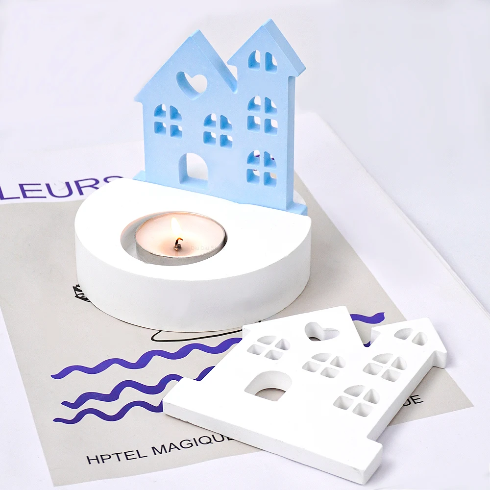 Silicone Mold DIY Heart House Candlestick Silicone Mold Window Houses Tea Light Candle Holder Craft Gift Making Resin Gypsum Molds Home Decor