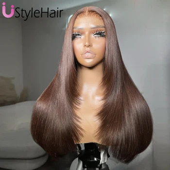 Brown Layered Cut Wig Silky Straight Synthetic Lace Front Wig for Women 13x4 Frontal Lace Natural Hairline Daily Wear 18 Inches