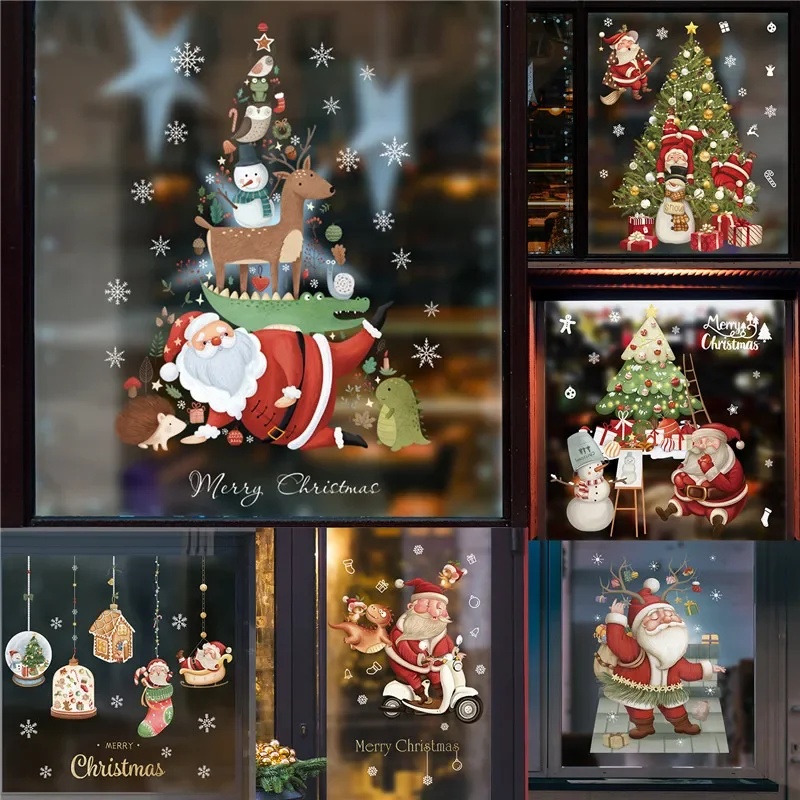 Adhesive Vinyl Stickers Christmas Decoration Window Stickers Santa Gifts Merry Christmas Mirror Sticker Xmas Tree Window Glass Sticker New Year