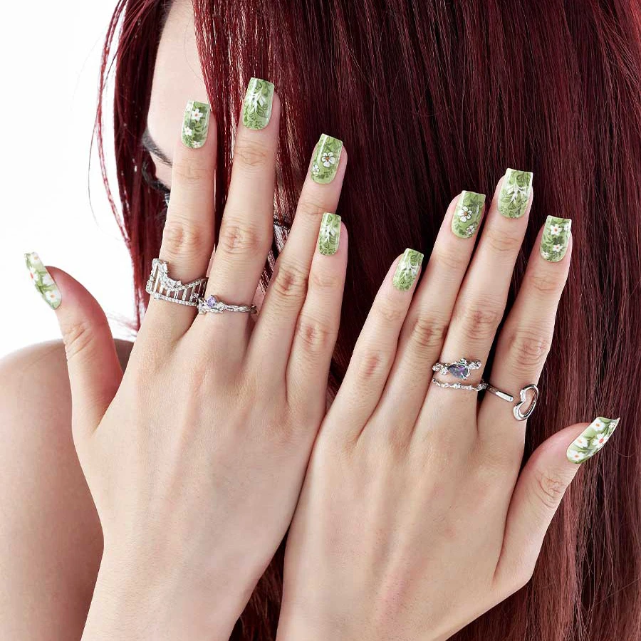 

24pcs Nature Plant Flower Style Fake Nails Y2k Nail Detachable Green Press On Nails Full Cover Adhesive Nail Reusable Fingernail