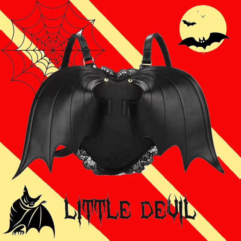 

Women's Shoulder's Bag New Black Angel Demon Bat Backpack Female's Lace BackBags Girls' Classic Schoolbag Outside