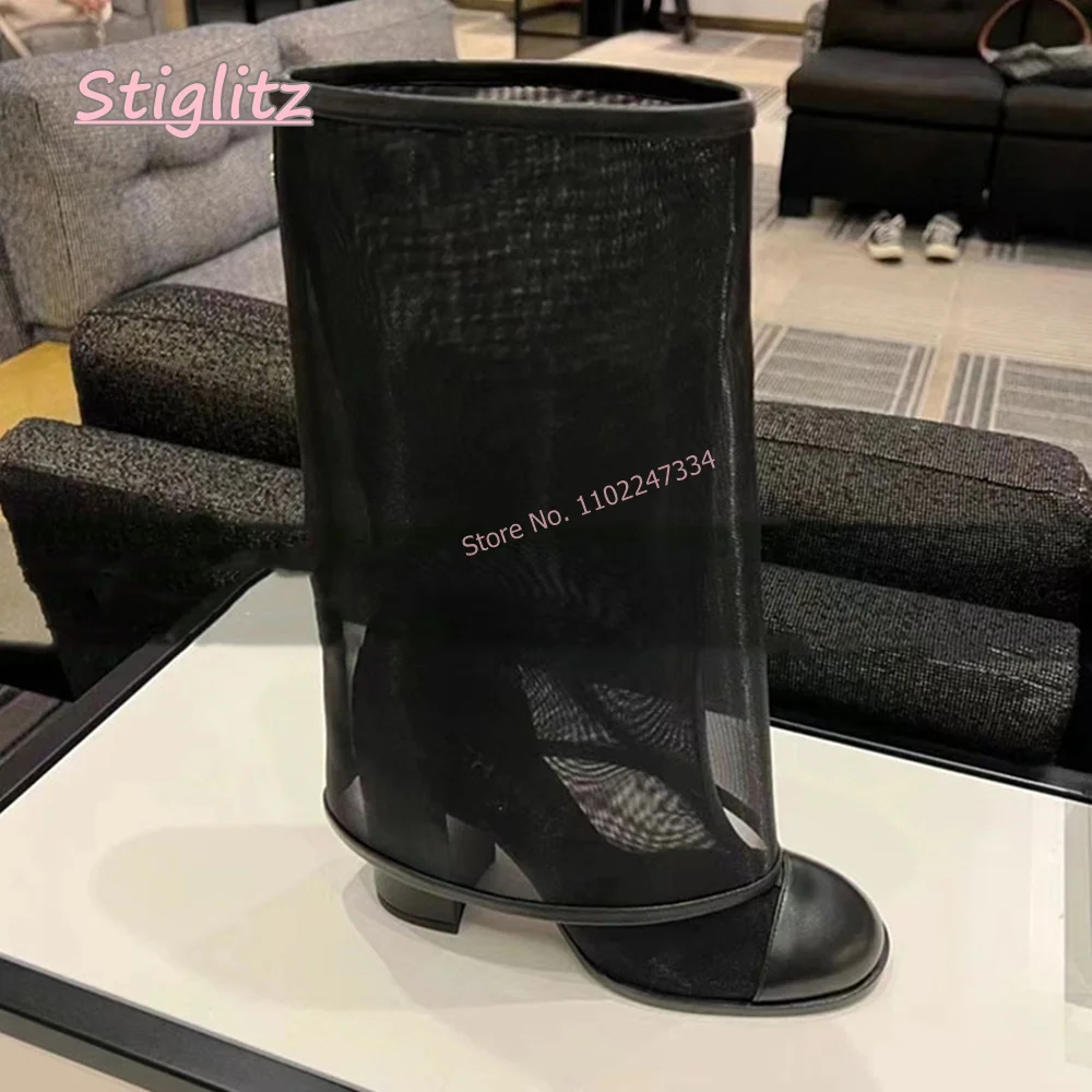 

Black Mesh Mid Calf Boots 2024 Women's Luxury Brand Leather Round Toe Chunky Heel footwear Casual Party Shoes New Arrival