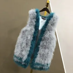 Autumn Winter New Color block Fur Vests Coats For Women Sleeveless Ostrich Feather Turkey Fur Jacket Female Waistcoat Y4624