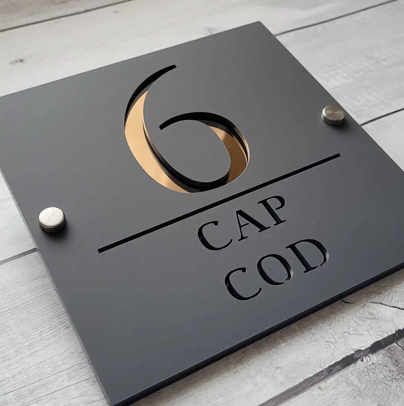 Modern Style Outdoor House Wall Plaque House Number and Name 180mm x 180mm Matte Black & Mirror Gold Plate