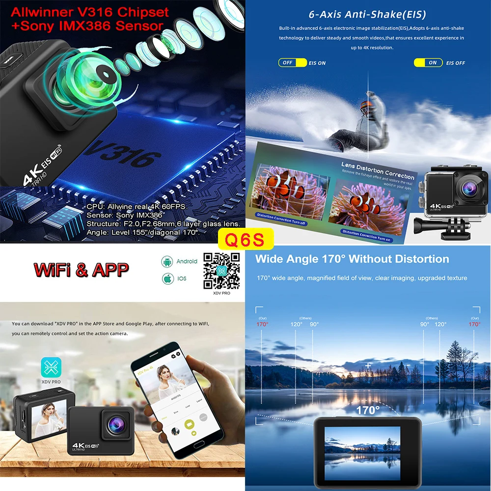 Q6S Action Camera Ultra HD 4K/60fps 24MP WiFi 2 "IPS Screen170D Subaquático 30M Anti-Shake Con Sony 386 Lens Casco Video Camera - immagine 3