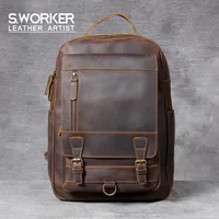 S.WORKER Vintage Genuine Leather Backpack Laptop Bag Crazy-horse Leather School Bag Outdoor Travel Weekender Shoulder Bag 1