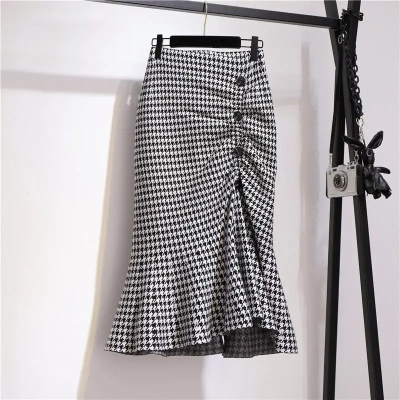 

Autumn Winter Elegant Fashion Vintage Plaid Printing Folds Mermaid Skirt Female High Waist Slim All-match Skirt Women's Clothing