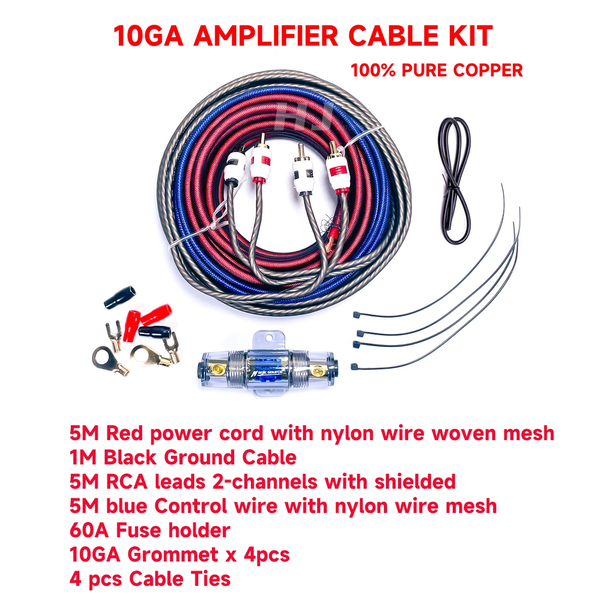 1kit Pure Copper Car Audio Wiring Cable Kit Max 600w Amplifier Sub Woofer Bass Speaker Wire Kit 10ga Power Cable 60a Fuse RCA